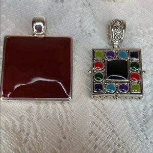 Multicolor and Dark Red Square Silver Pendant Set Vintage Estate Jewelry
